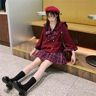 Bow Accent Button Jacket / Mini Plaid A-line Skirt
