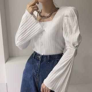 Square-neck Plain Ribbed Button-up Top
