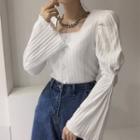 Square-neck Plain Ribbed Button-up Top