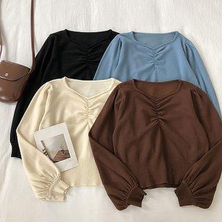 Plain Frilled Puff-sleeve Knit Top