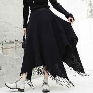 Irregular Hem Fringed Trim Midi A-line Skirt