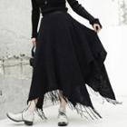Irregular Hem Fringed Trim Midi A-line Skirt