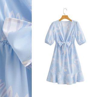 Puff-sleeve V-neck Print A-line Dress