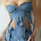 Denim Paneled Ring Detailed Top Blue - One Size