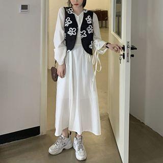Balloon-sleeve Midi A-line Dress / Floral Print Buttoned Vest