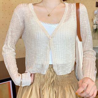 Long-sleeve Lace Panel Plain Knit Cardigan
