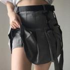 Buckled Pleated A-line Mini Skirt
