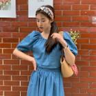 Puff-sleeve Denim Blouse / Midi A-line Skirt