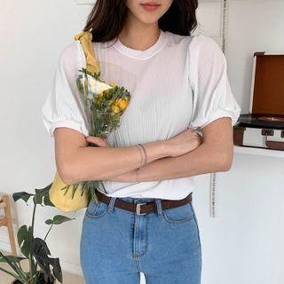 Pastel Puff-sleeve Sheer Blouse