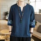 Embroidered Split-neck 3/4-sleeve T-shirt