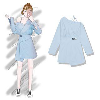 Printed Letter Off Shoulder Shirt Dress