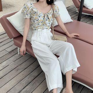 Set: Short-sleeve Floral Top + Wide Leg Pants
