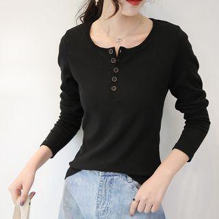 Long-sleeve Buttoned Placket T-shirt