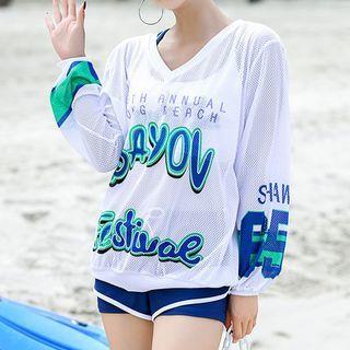 Set: Lettering Swim Tank Top + Shorts + Long-sleeve Top