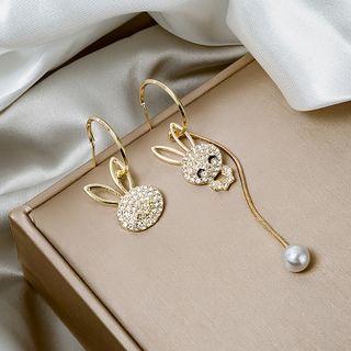 Rabbit Rhinestone Faux Pearl Asymmetrical Dangle Earring E2804 - 1 Pair - Gold - One Size