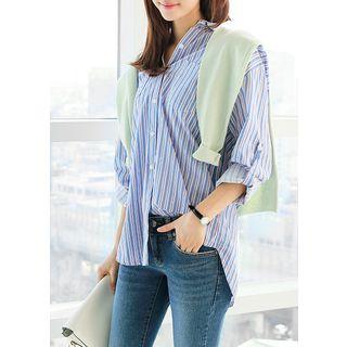 Tab-sleeve Dual-pocket Stripe Shirt