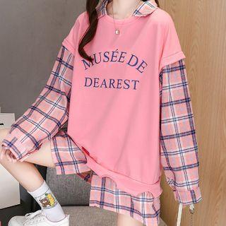 Mock Two Piece Lettering Plaid Panel Long Sleeve Sweatshirt