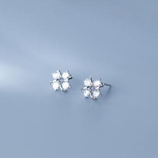 Rhinestone Four-leaf Clover Stud Earring 1 Pair - Silver - One Size