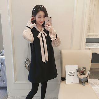 Pleated Long-sleeve Chiffon Dress