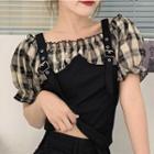 Mock Two-piece Short-sleeve Cold Shoulder Plaid Crop Top