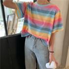 Long-sleeve Striped Crew-neck Cropped Loose-fit T-shirt Stripe - One Size
