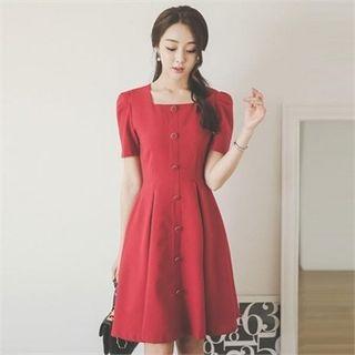 Puff-sleeve Button-front A-line Dress