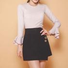 Metallic-button Wrap-front Mini Skirt