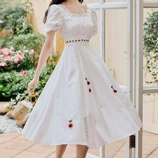 Crochet Trim Short-sleeve Square-neck Midi A-line Dress