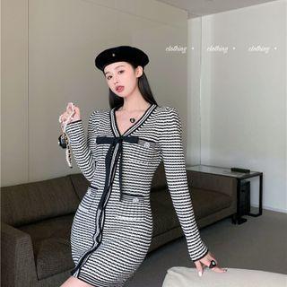 V-neck Plaid Bow Skinny Mini Dress Black - One Size