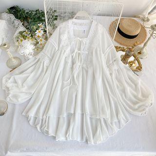 Lantern-sleeve Lace-up Lace Trim Chiffon Blouse