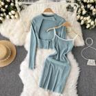 Set: Spaghetti Strap Ribbed Knit Dress + Cutout Knit Top Dress - Light Blue - One Size / Top - Light Blue - One Size