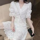 Elbow-sleeve Drawstring Perforated Mini A-line Dress White - One Size