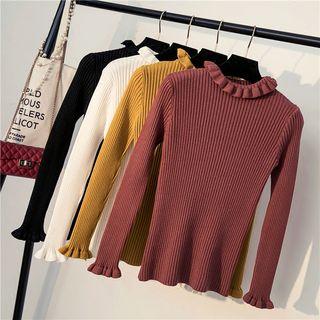 Long-sleeve Plain Knit Ruffled Top