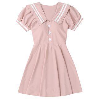 Set: Puff-sleeve Collar Swim Dress + Swim Shorts