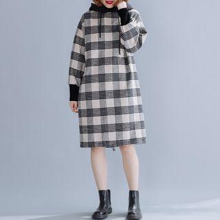 Plaid Midi A-line Hoodie Dress Plaid - Black & White - One Size