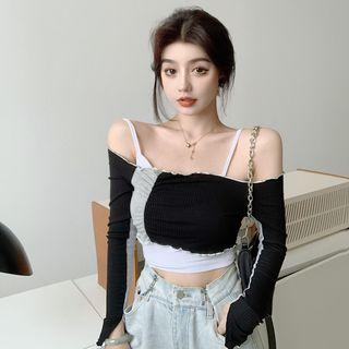 Set: Spaghetti Strap Top + Long-sleeve Top Black - One Size