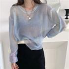 Long-sleeve Plain Knit Sweater Blue - One Size