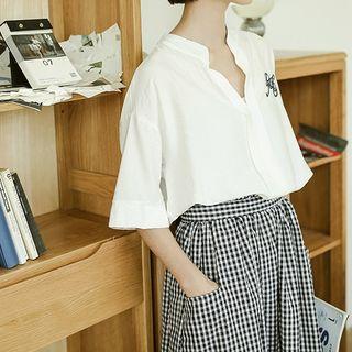 Elbow-sleeve Embroidered Chiffon Blouse White - One Size