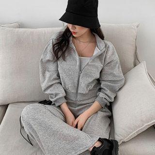 Set: Cropped Zip-up Hoodie + Flared Pants