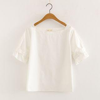 Square Neck Elbow-sleeve Top White - One Size