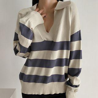 Long Sleeve Collar V-neck Striped Sweatshirt