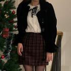 Lace-cuff Blouse / Plaid A-line Skirt / Jacket