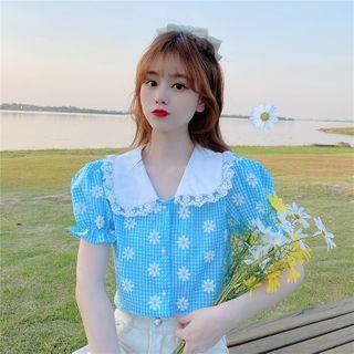 Flower Print Lace Trim Short-sleeve Blouse Sky Blue - One Size