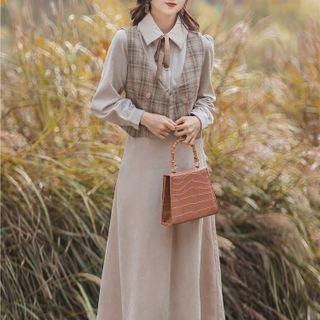Set: Plaid Double-breasted Vest + Long-sleeve Tie-neck Midi A-line Dress