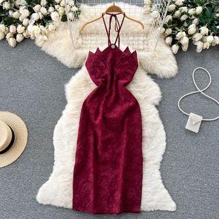 Halter-neck Floral Jacquard Midi Bodycon Dress