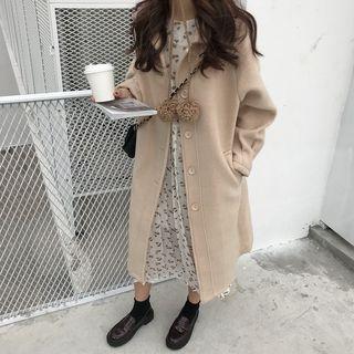 Floral Print Long-sleeve Midi Shift Dress/ Plain Buttoned Long Coat