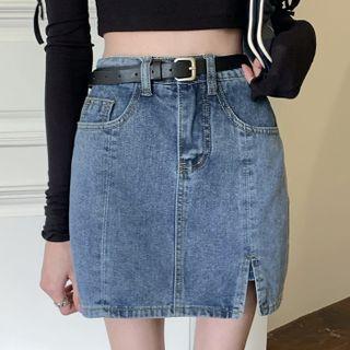 Mock Two-piece Mini Denim Pencil Skirt