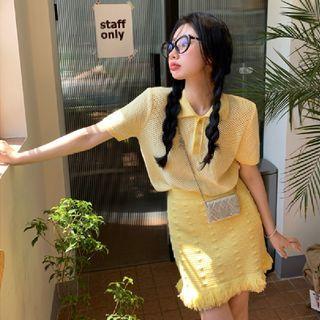 Short-sleeve Knit Polo-shirt / Fringed Slim-fit Skirt