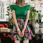 Set: Off-shoulder Knit Top + Floral A-line Dress