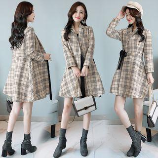 Long-sleeve Patterned Double-breasted Mini A-line Coatdress